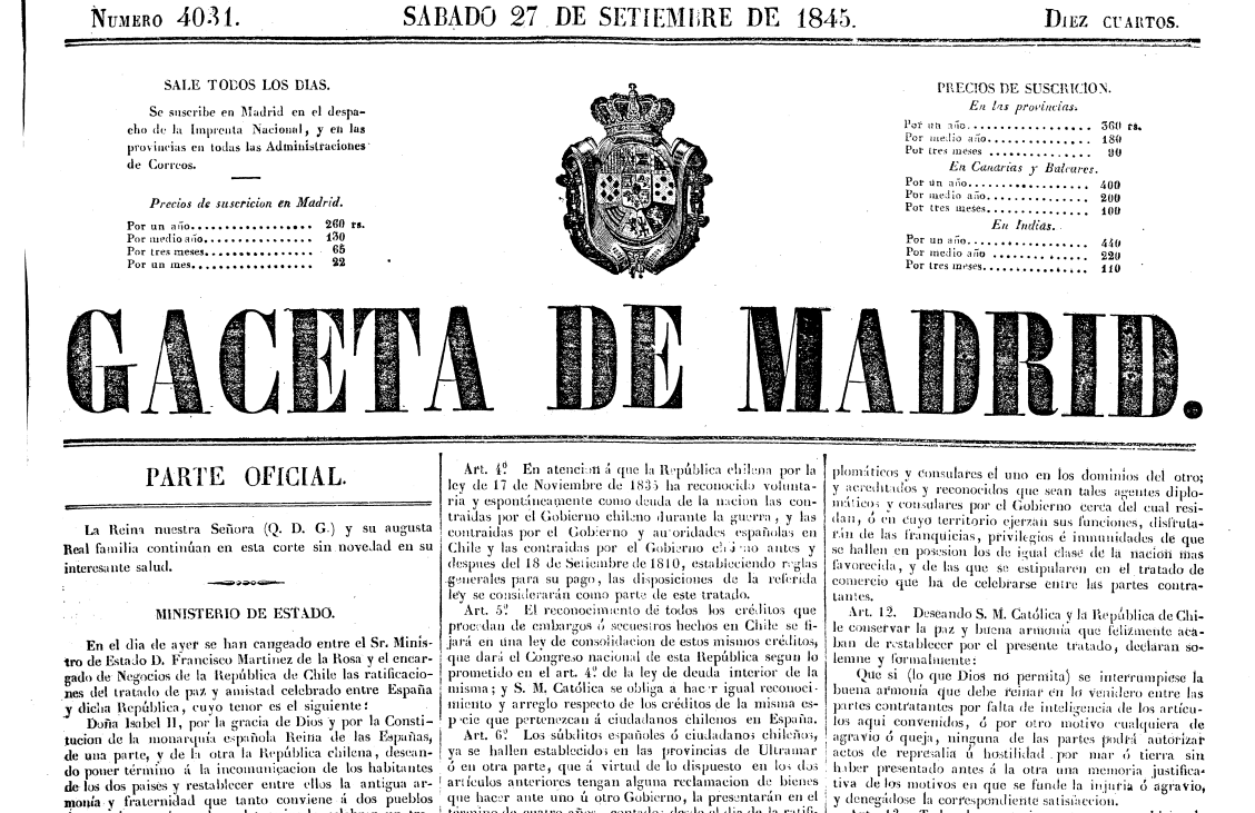 Chile y España canjean las ratificaciones del Tratado de Paz y Amistad, efeméride histórica de Chile